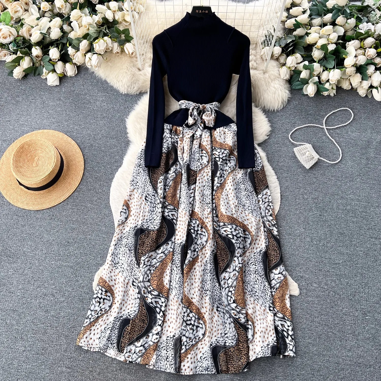 

Женское трикотажное плиссированное платье-свитер, элегантное модельное платье миди составного кроя с винтажным принтом и поясом, Осень-зима