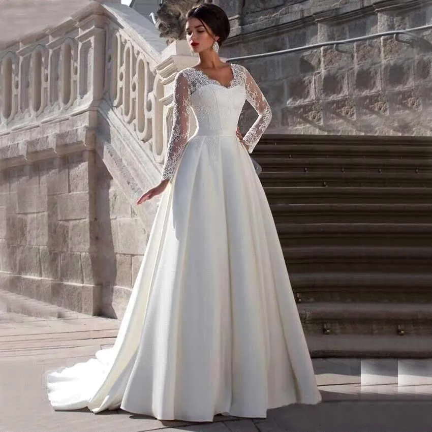 

2023 Modest Lace Appliqued A-line Satin Wedding Dress V-Neck Sheer Back Long Sleeve For Women Princess Robe De Mariee Customize