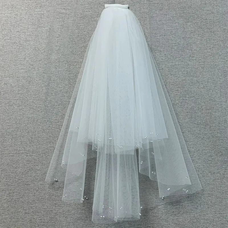 

Фата свадебная двухслойная с гребнем, элегантная с жемчугом, свадебный аксессуар, Белый/цвет слоновой кости