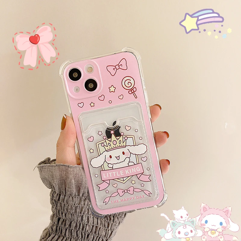

Kawaii Sanrio Cinnamoroll Mobile Phone Case iPhone 13 12 11 Mini Pro Max Xs Xr 8 7 Plus Protective Sheel Can Be Placed Cards Toy