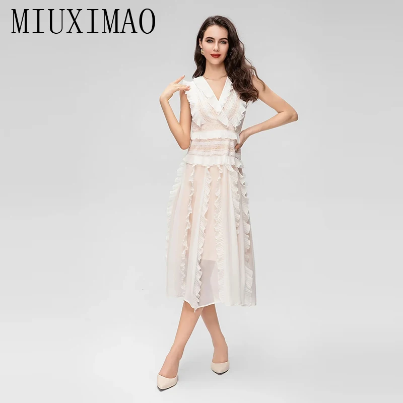 

MIUXIMAO 2023 весна-лето элегантное платье без рукавов с V-образным вырезом водорастворимое складное модное повседневное длинное платье для женщин Vestide