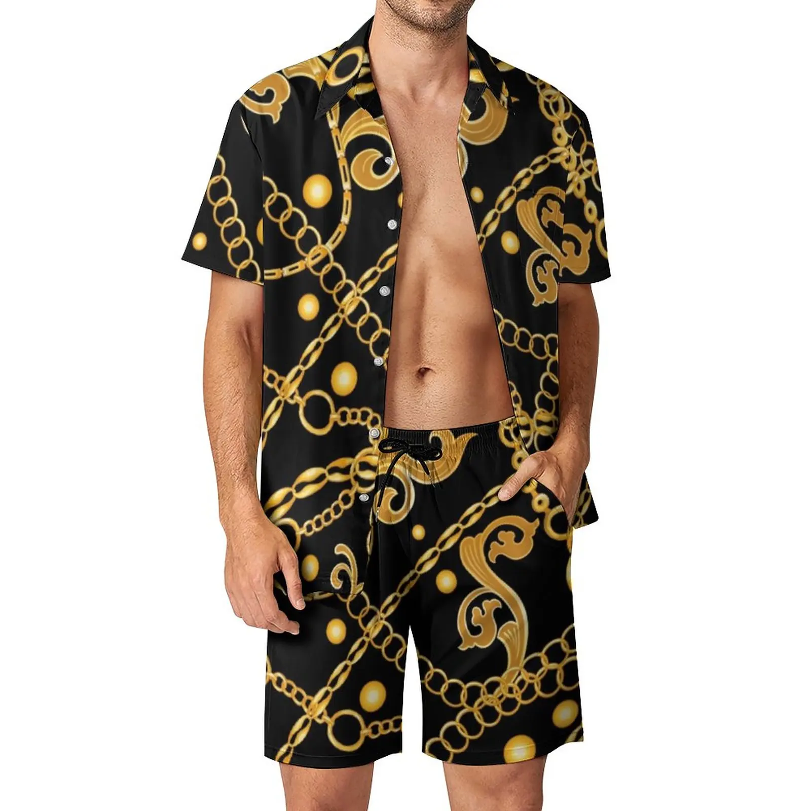 

Gold Chains Men Sets Retro Baroque Print Casual Shirt Set Hawaii Vacation Shorts Summer Suit Two-piece Plus Size