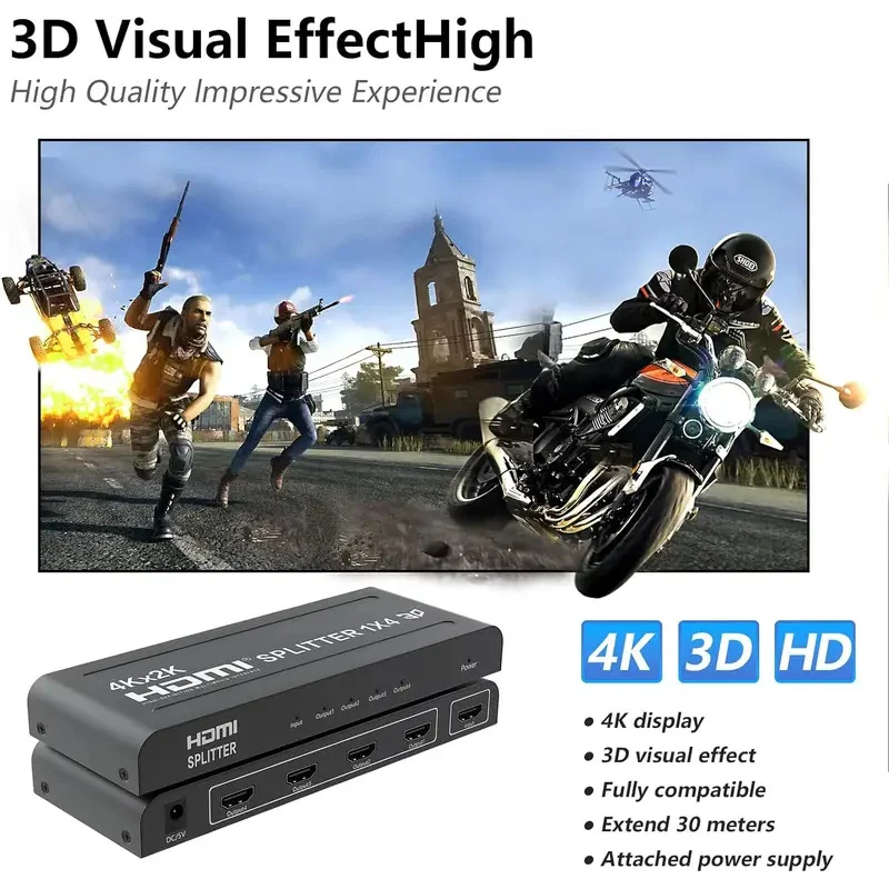 HDMI-сплиттер 4K 1x4: распределитель видео HDMI, конвертер 1 вход на 4 выхода, дублирование изображения на 4 экрана для ПК, PS34, HDTV, проектора (art.: 3920dc0f185ca) - 3920dc0f185ca