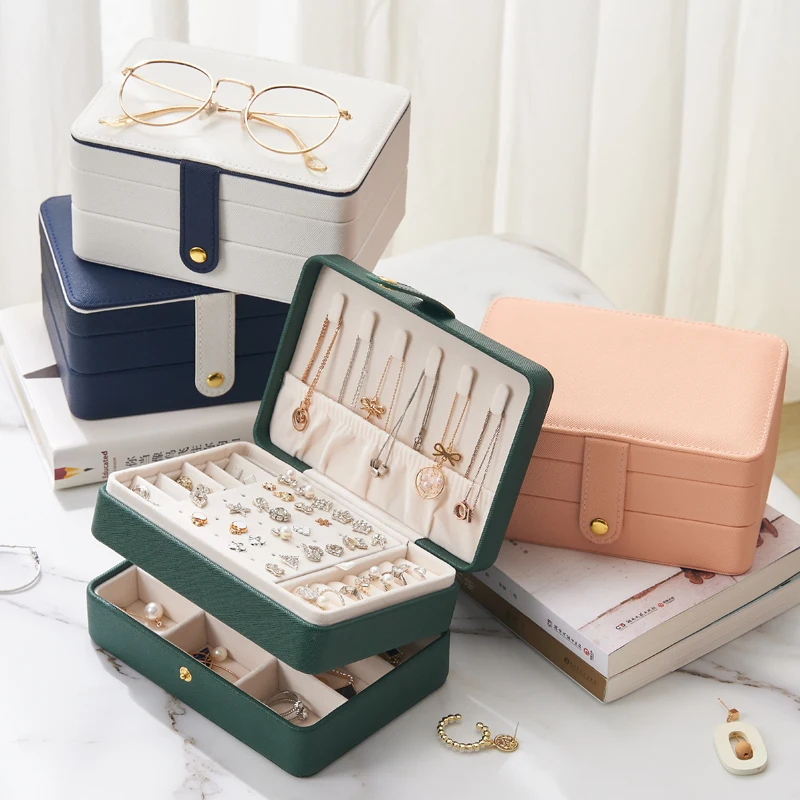 Jewelry Organizer Box Pink Green White Blue Girls Travel Case 2 Layer Leather Jewellery Storage  Necklace Earrings Rings Display