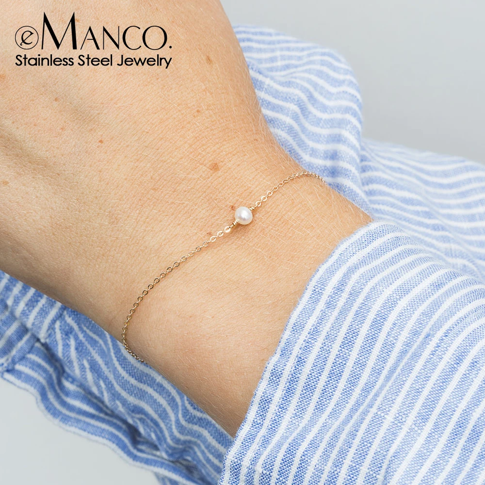 eManco Minimalist Stainless Steel Bracelets for Women Sea Imitation pearls Bracelet Women Charm Bracelet Jewelry