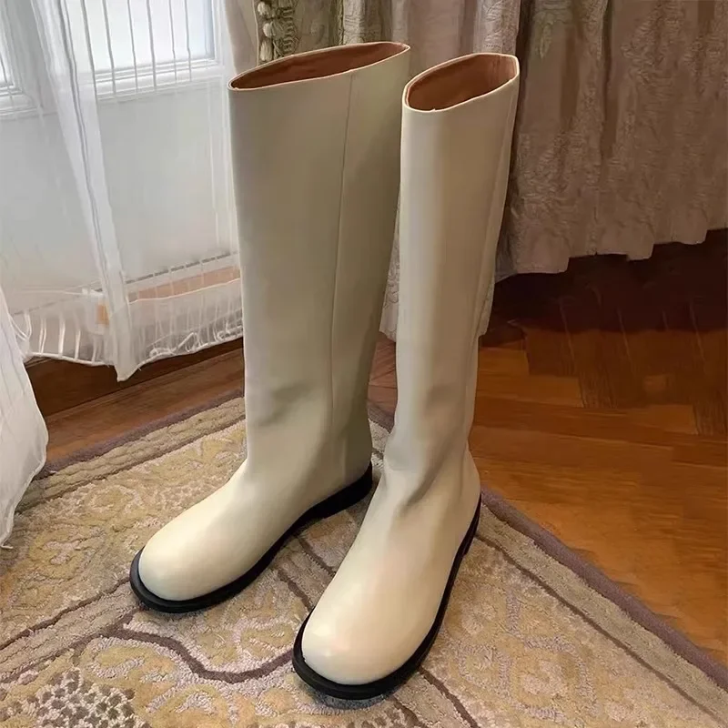 Beige Round-Toed Knee-High Knight Boots Slimming Height-Enhancing High Botines Thick-Heeled Long Botas Femininas Chaussure Femme
