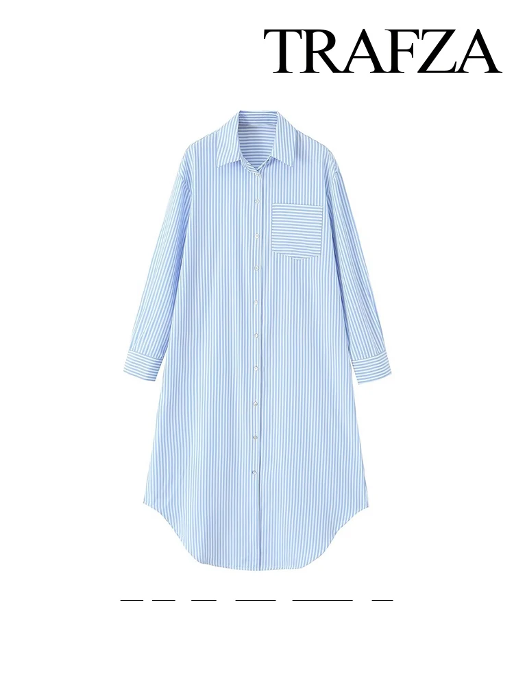 

TRAFZA 2023 Women Blue Stripe Long Shirt Fashion Button Pocket Irregular Long Sleeve Elegant Dress Summer Female Casual Vestidos