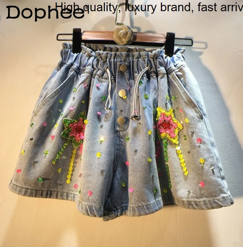 

Джинсовые женские шорты ручной работы с бусинами и тяжелыми блестками, с высокой талией, стройнящие, с широкими штанинами, джинсовые женские шорты, новинка 2023, летние короткие брюки