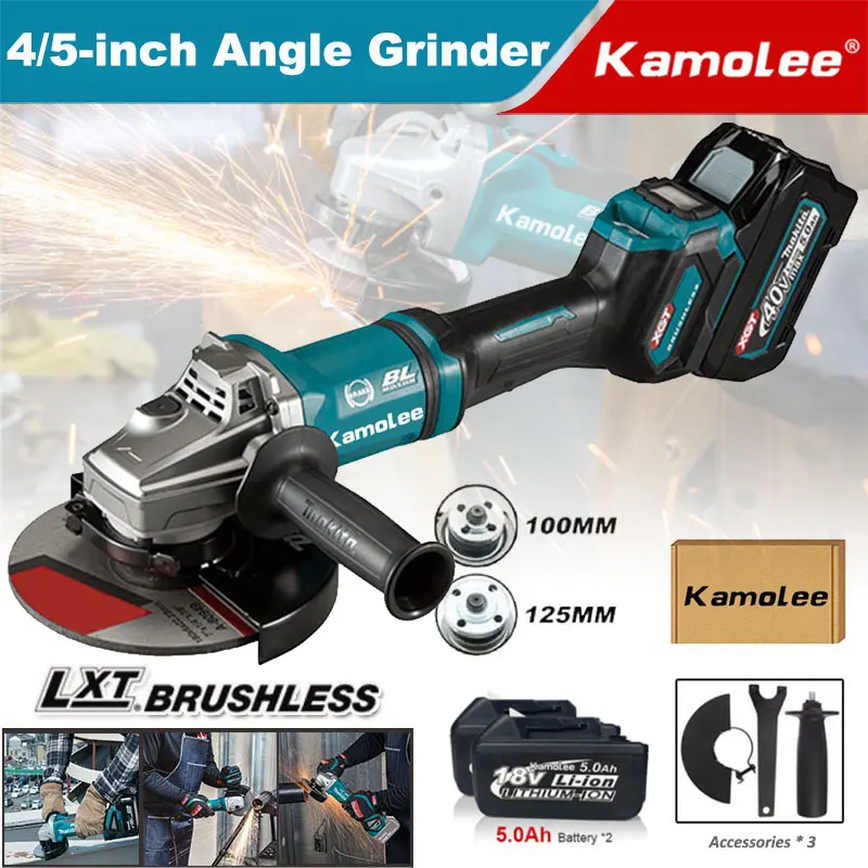

Kamolee 18500RPM 125MM/100MM Brushless Cordless Angle Grinder with Battery and Compatible with Makita 18V Battery