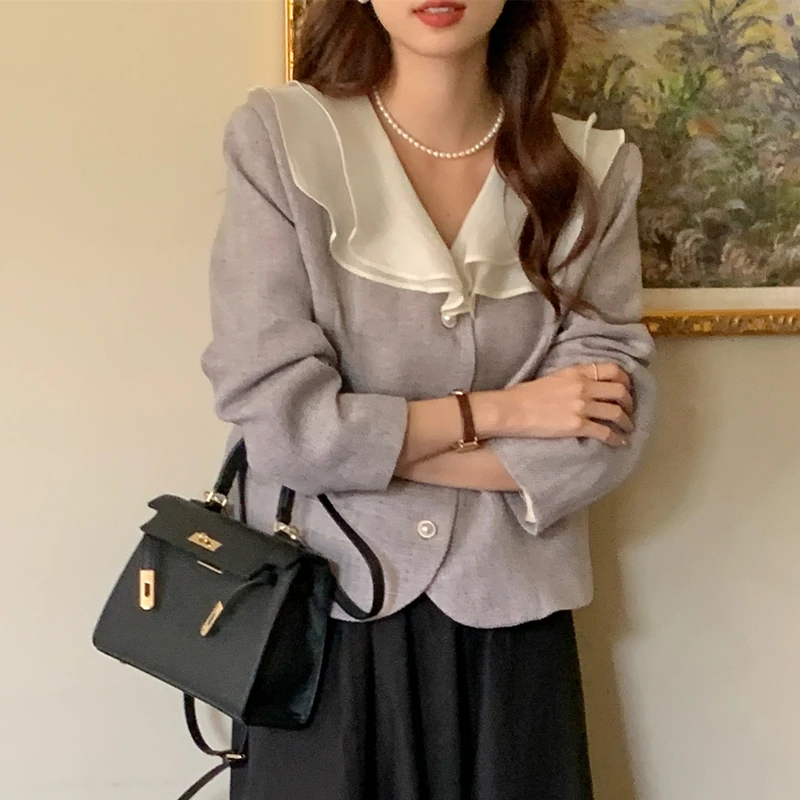

Women's Japan Style Ruffle Collar Short Jacket Spring Autumn Lady Elegant Sweet Long Sleeve Single Breasted Jacket Cute Outwear