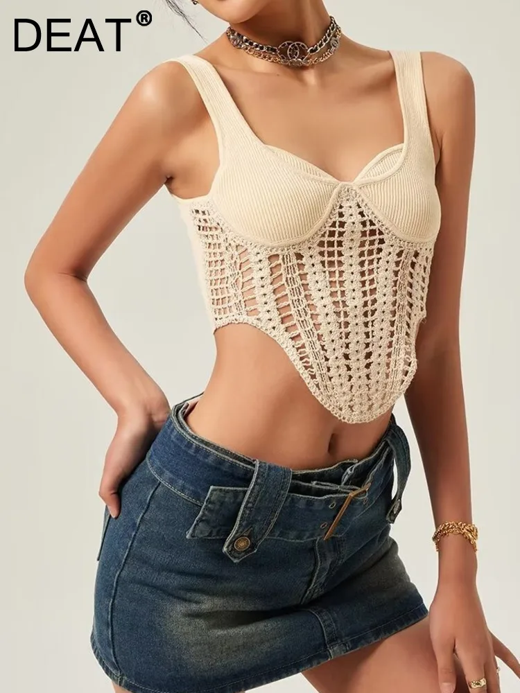 

Женский короткий топ на бретельках DEAT, облегающий трикотажный топ с открытыми плечами и V-образным вырезом, с цветочным узором и крючком, лето 2023