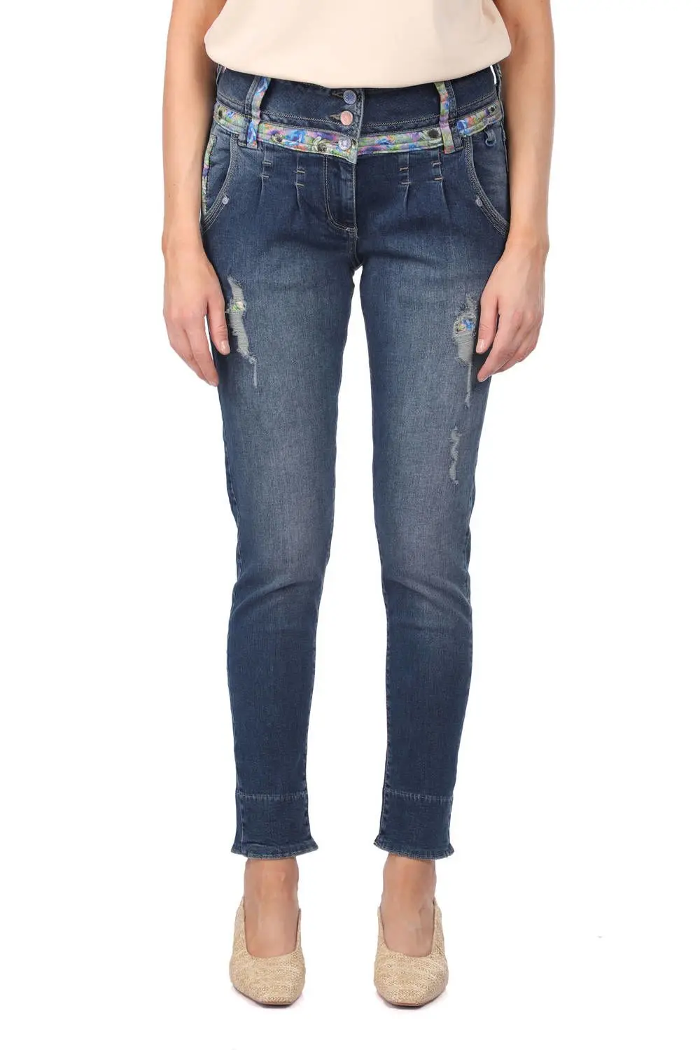 

Blue White Women 'S Flower Pattern Jean Pants