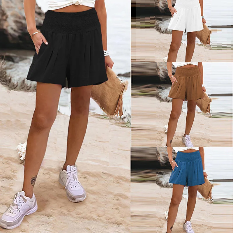 

Summer Surfing Beach Shorts Casual Shorts New Solid Shorts Elastic Waist Splicing Pockets High Waist Shorts Woman Clothing