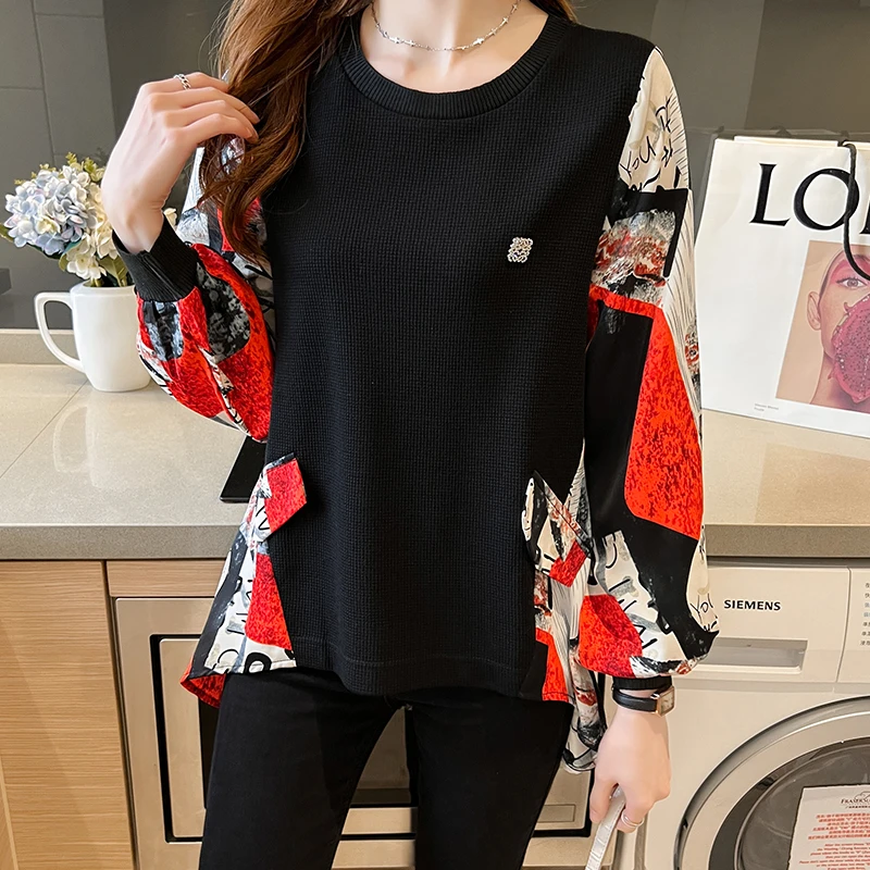 

Knitted Patchwork Shirt for Women Spring/fall 2022 New In Printed Blouses Long Sleeve Fashion Loose Korean Top O-neck Casual