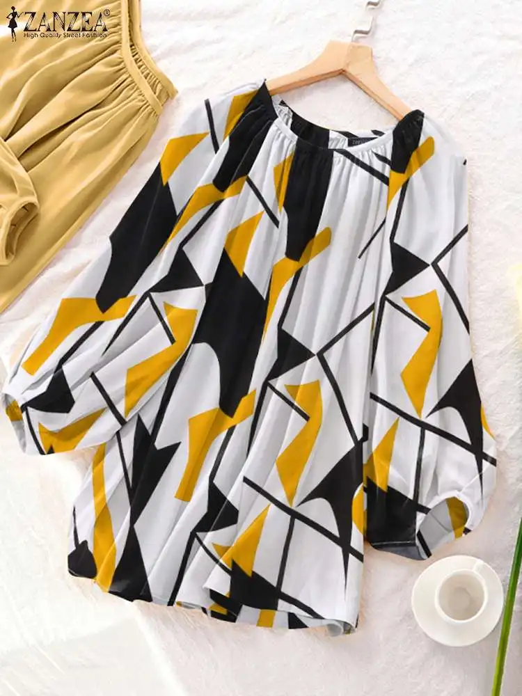 

ZANZEA Fashion Womens Geometric Printed Blouse 2022 Spring Puff Sleeve Tops Tunic Blouse Oversized Casual Loose Blusa Femininas