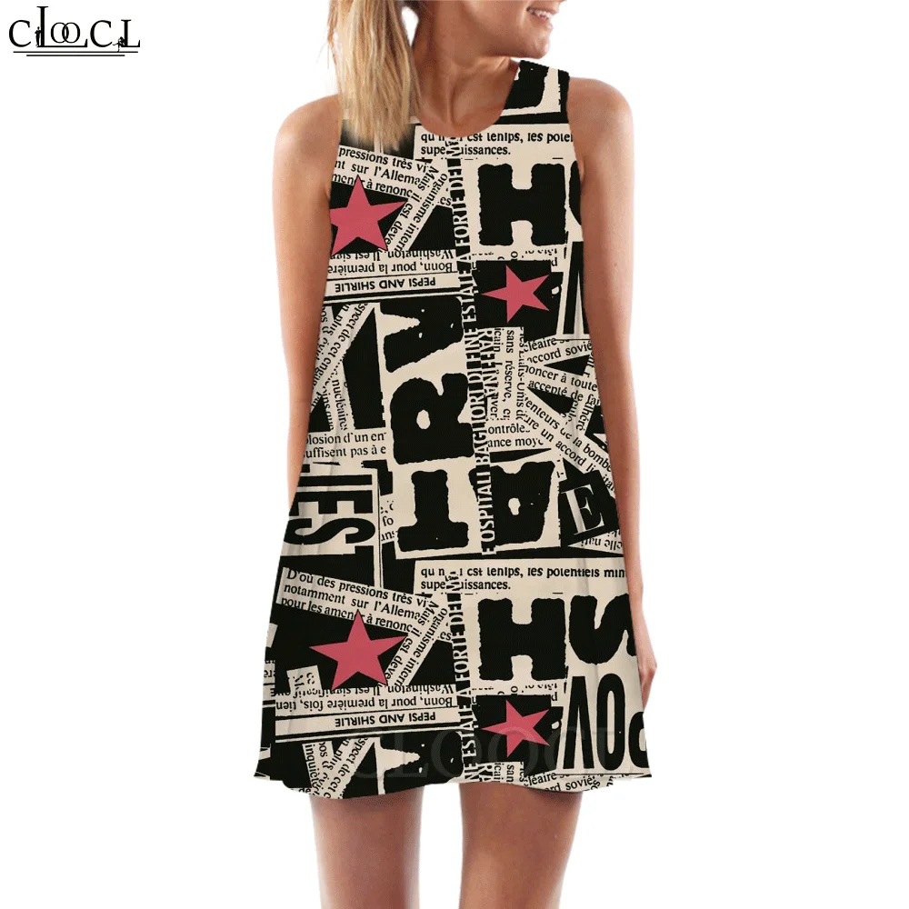 Женские майки CLOOCL винтажная газета графика 3D принт свободное платье сексуальная
