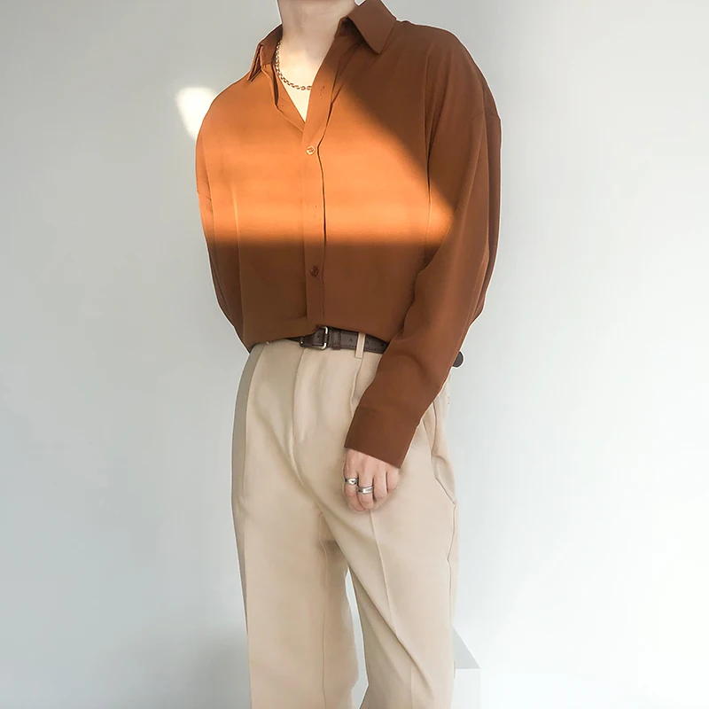 

Men Anti-Wrinkle Handsome Luxury Ice Silk Top Blouse Coffee Green Solid Plain Quality Ins England Vintage Long Sleeve Boy Shirts