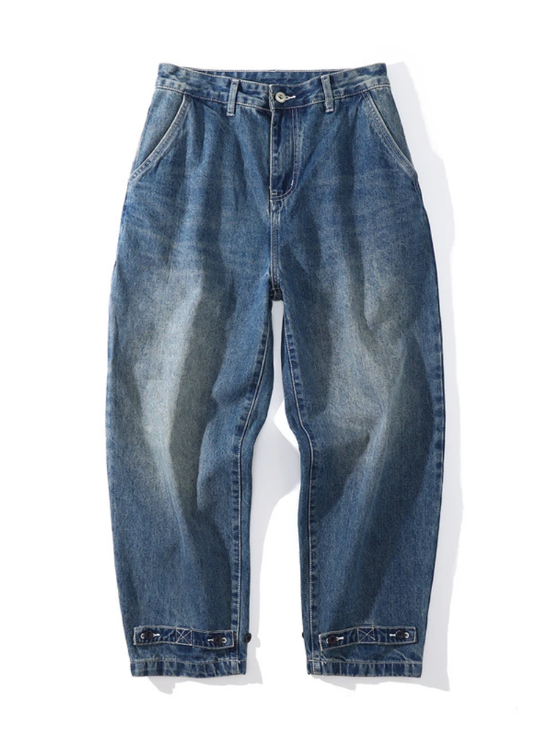 Vintage Cat Whisker Denim Trousers for Men Harajuku Loose and Worn Washed Straight Casual Pants