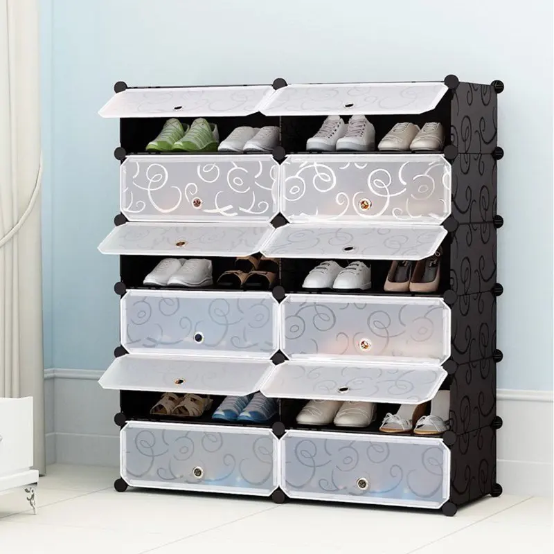 

6-Tier Storage Organizer, Black Shoe Rack 12 Cube Storage Unit with Doors, Plastic Cube Storage Shelves for Bedroom Living Room