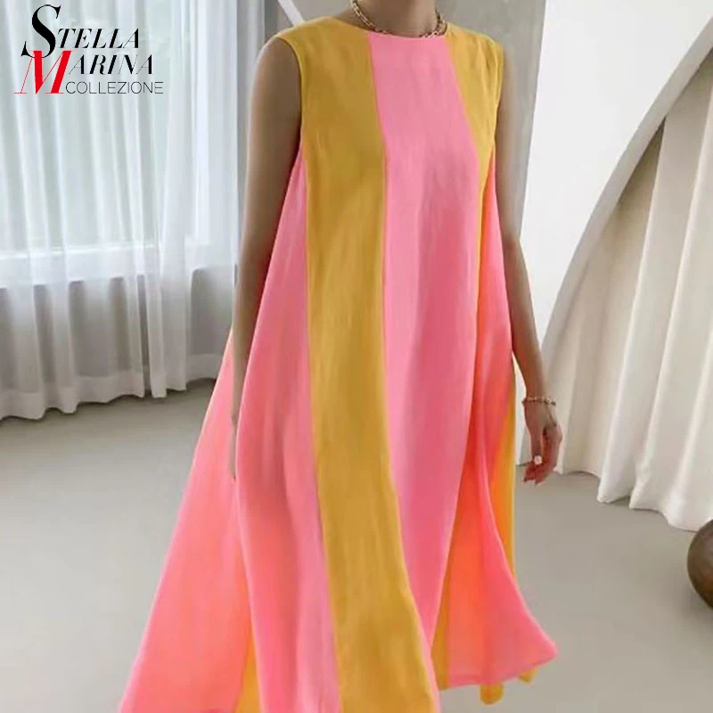 

Новая летняя повседневная одежда в Корейском стиле длинное Радужное летнее платье без рукавов Свободный Сарафан до щиколотки большого раз...