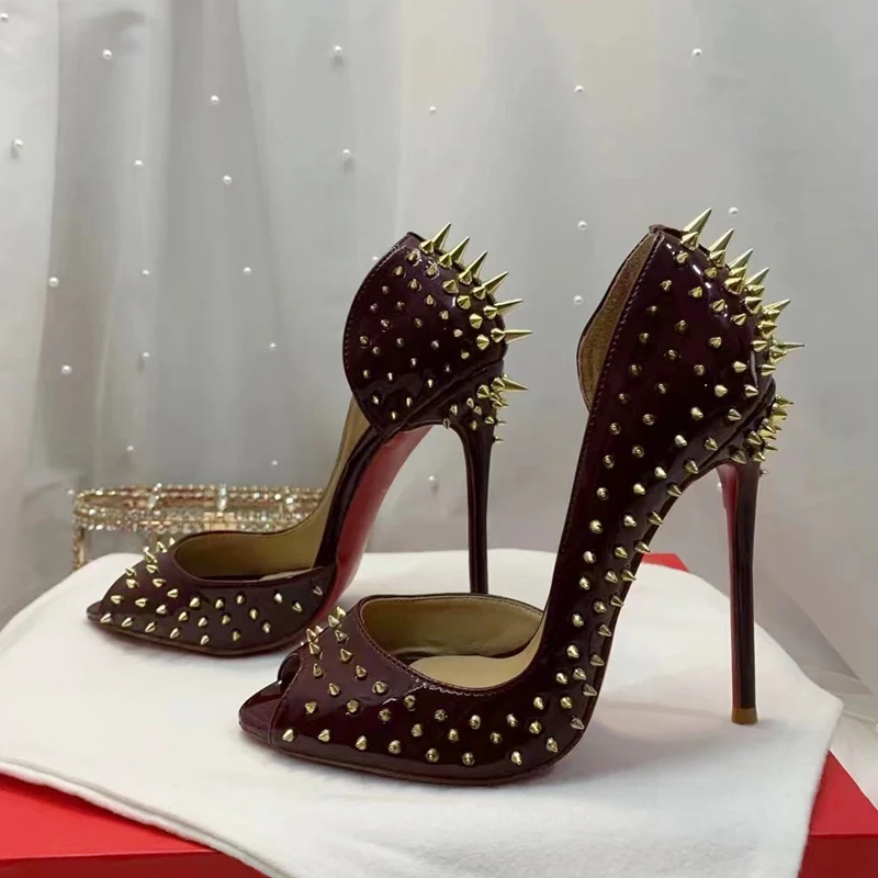 

2022 New Rivet Wine Red Fishbill high heels Shoes Pointed stiletto heels Wedding party shoes Pumps for women Luxury shoes