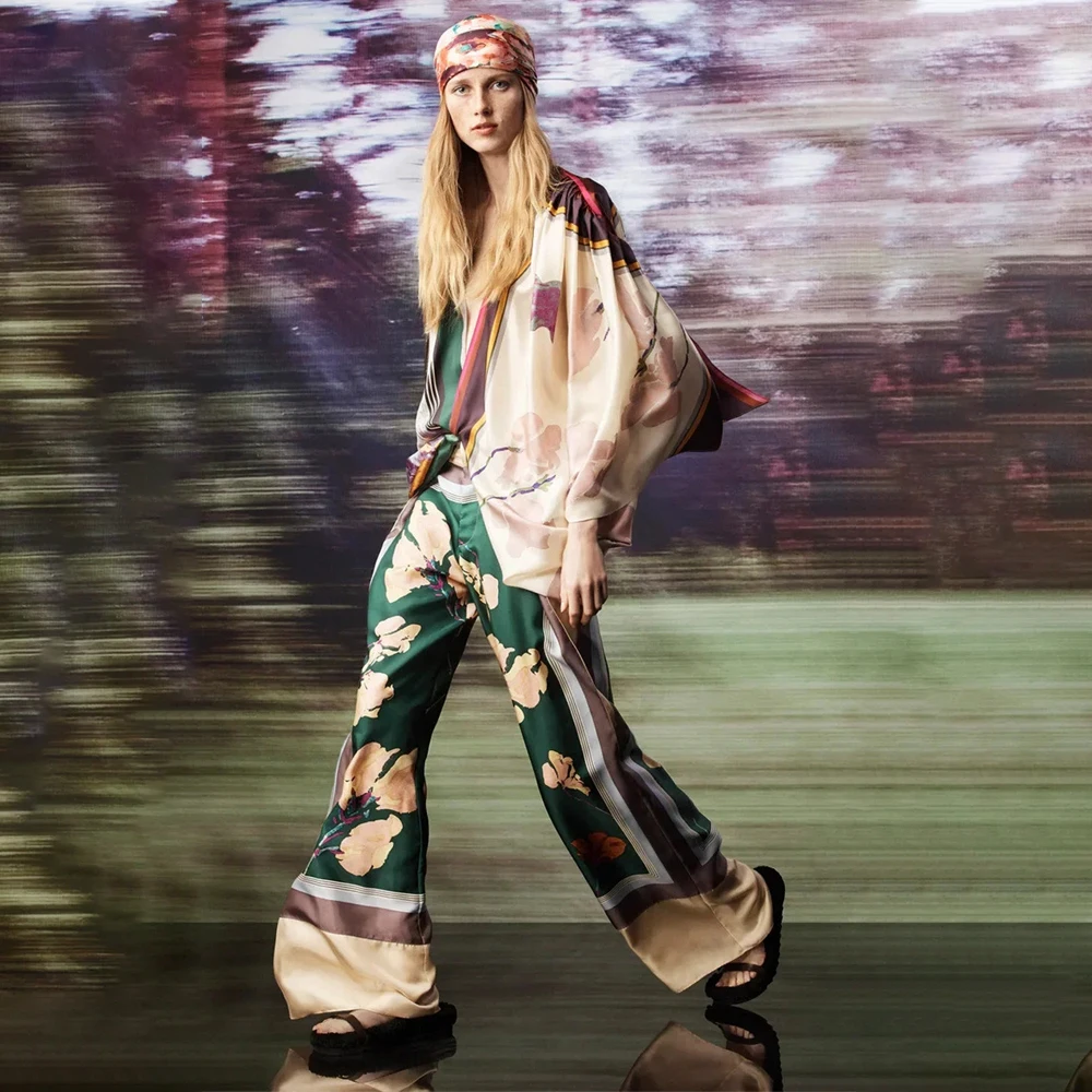 New Spring V-neck Kimono Style Long Sleeve Sleepwear Women's Silk Pajamas Set 2 Pieces Print Vintage Pijamas Women Home Suit