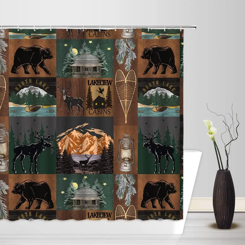 

Rustic Bear Deer Shower Curtain Wildlife Cabin Moose Duck Pine Tree Forest Mountain Nature Scenic Cloth Bathroom Bath Curtains