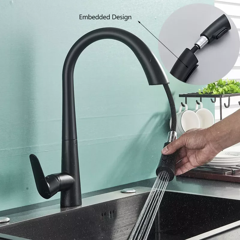 

Black Chrome Kitchen Faucet Embedded Pull Out Hot Cold Mixer Crane Tap Free Rotation Spray Stream Nozzle Deck Mount Chrome Color