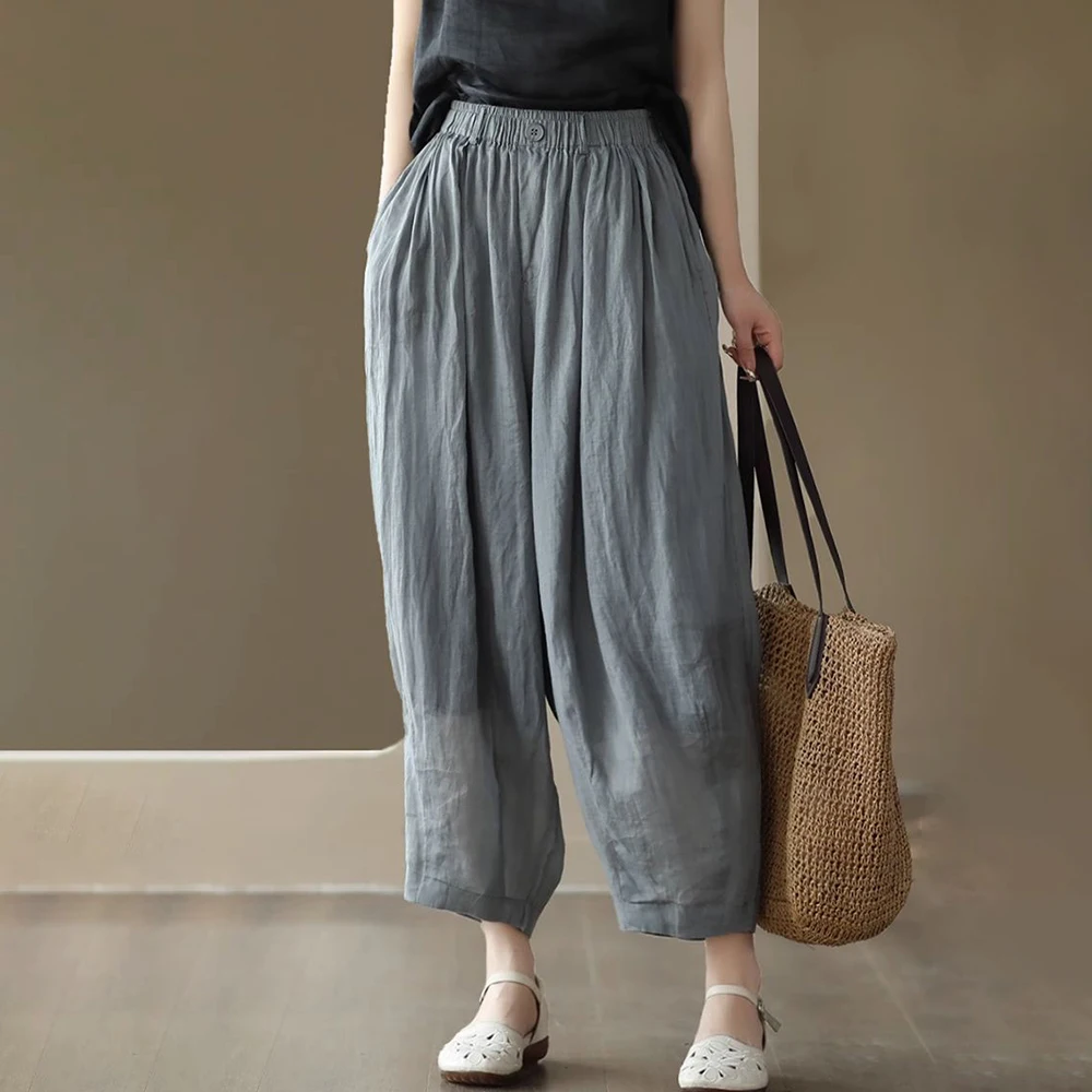 2023 Summer New Women's Clothing Retro Solid Color Cotton Linen Literary Temperament Double Layer Loose Large Size Casual Pants