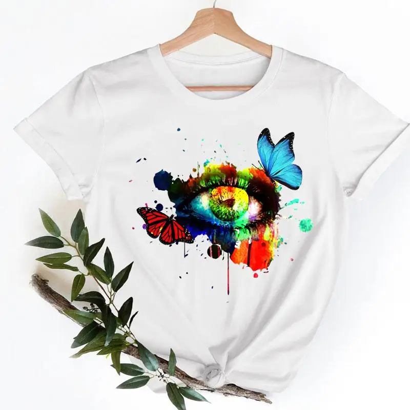 

Футболка женская с графическим принтом, милая Модная Повседневная рубашка с акварельным рисунком бабочки, с коротким рукавом, на лето
