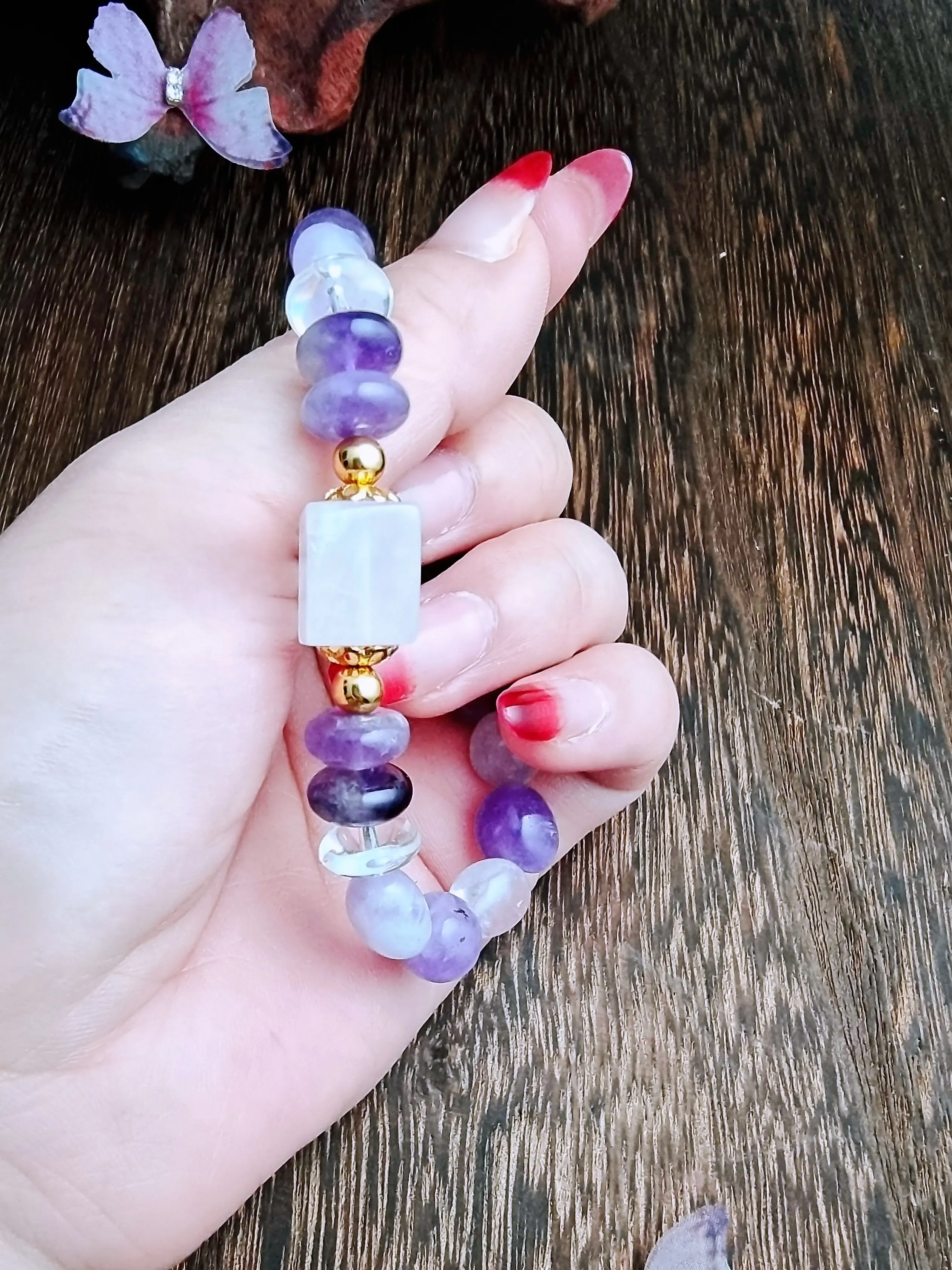 Original Design Natural Nine Purple off Fire Lucky Duobao Amethyst Bracelet Pink Square Valentine's Day Gift New