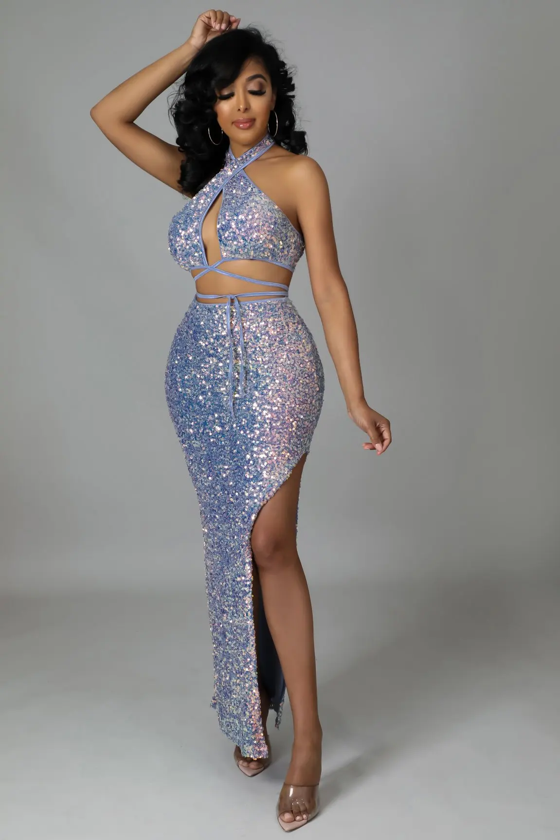 

2022 Women Sexy Sleeveless High Slit Hollow Out Bodycon Bandage Two Piece Backless Glitter Top And Skirt Suit Fashion Dress