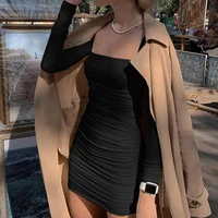 sexy square collar long sleeve pleated hip wrap women dress autumn solid color high elastic mini dress streetwear