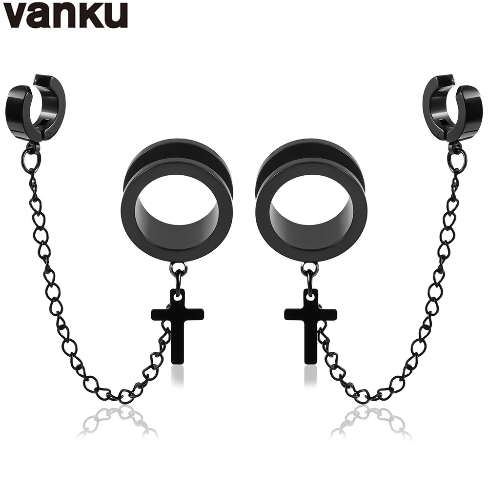 

Vanku 2pc Screw Fix Punk Three Cross Chain Pendant Clip Ear Tunnel Plugs and Gauges Flesh Piercing Expander Plug Earrings