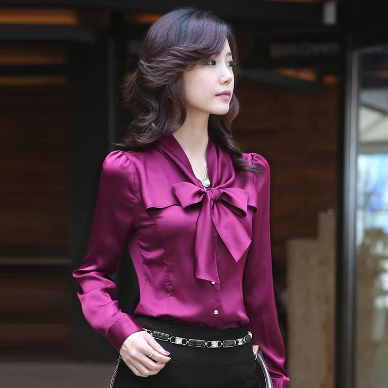 

Блузка Женская атласная с длинным рукавом, роскошная офисная рубашка с большим бантом спереди, бордовая фиолетовая, с буффами, Роскошный де...
