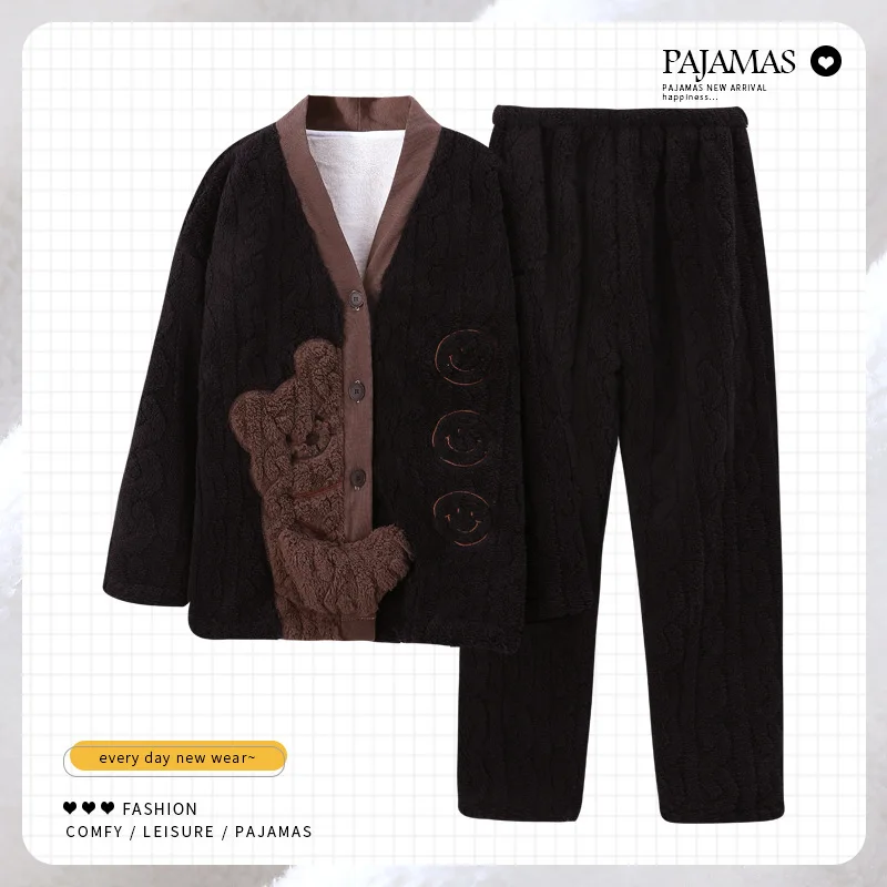 Winter New Coral Velvet Pajamas Women's V-neck Cardigan Warm Flannel Lovely Cartoon Cashmere Home Wear Nightclothes