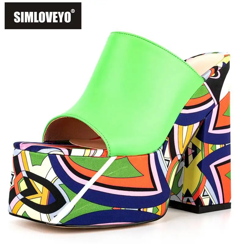 

SIMLOVEYO Модные женские мюли на толстом каблуке 16 см высотой 16 см на платформе 6,5 см без застежки граффити Большие размеры 42 43