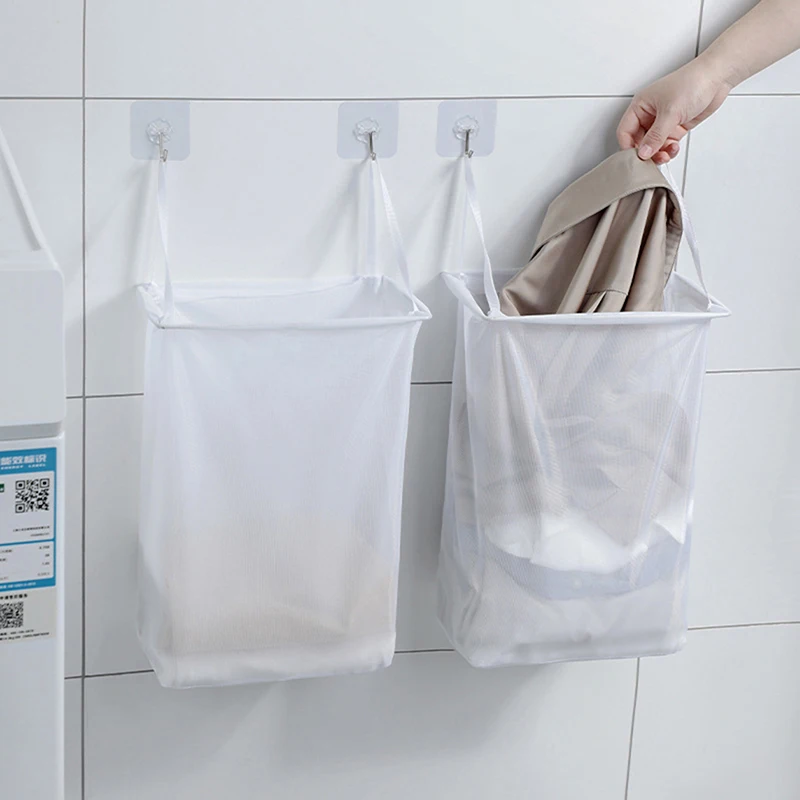 

Bathroom Wall Hanging Laundry Basket Folding Dirty Clothes Hamper Mesh Storage Bag Sundries Organizers Kids Toys Frame Bucket