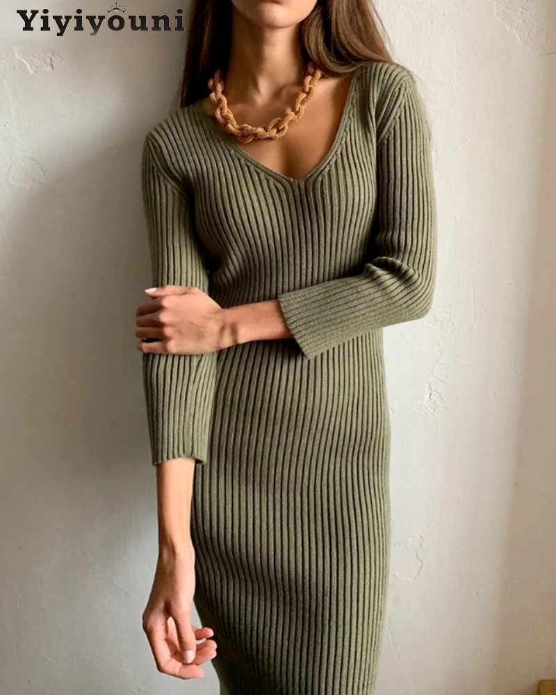 

Yiyiyouni Autumn V-Neck Knitted Bodycon Dress Women Knee-Length Wrapped Sheath Long Sweater Dress Female Solid Vestido Feminino