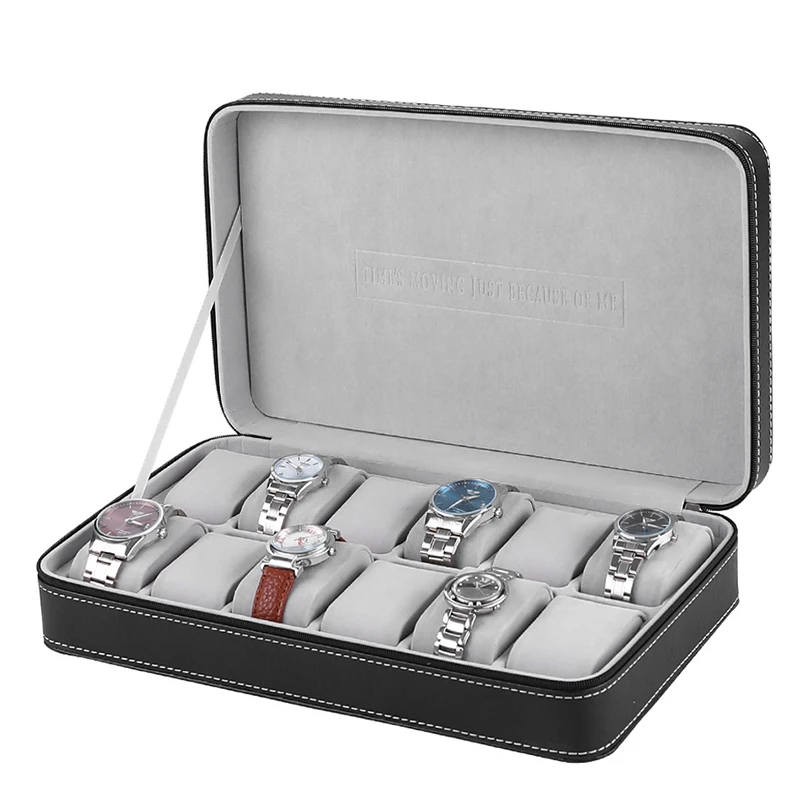 

Leather Black Watch Box Organizer 12 Slots Men Zipper Box Storage Display Box PU Leather Jewelry Watch Case Box Pillows Gift