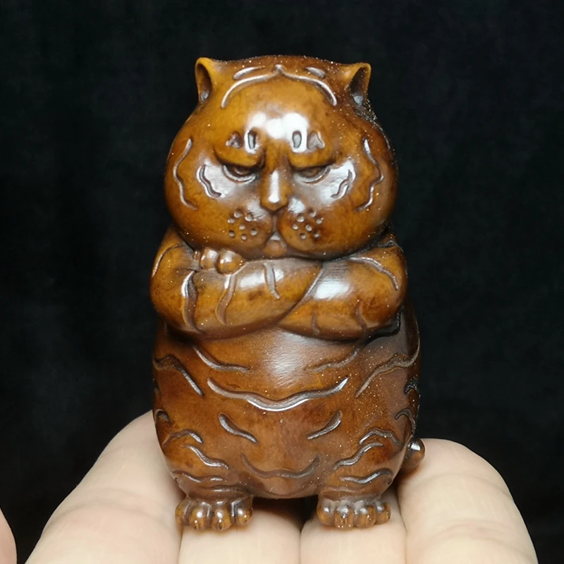 

1919 Antique art 2.8" Old Chinese boxwood hand carved tiger statue netsuke table Decoration Gift