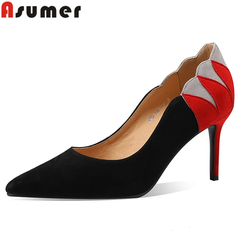 ASUMER 2023 New Kid Suede Shallow Shoes Woman Mixed Colors Elegant Ladies Pumps Slip On Thin High Heels Dress Shoes