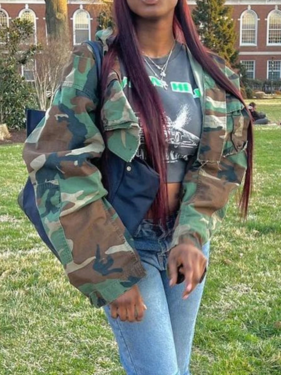 

Women Fall Cropped Jacket Camouflage Lapel Long Sleeves Button Down Casual Outwear for Females Winter Clothing Streetwear