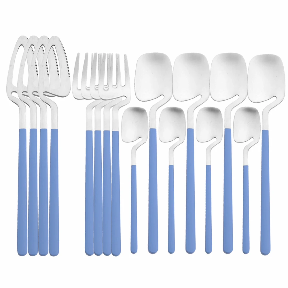 

Blue Handle Silver Cutlery Set Matte 16Pcs Tableware Set Stainless Steel Hanging Dinnerware Knife Fork Spoon Kitchen Flatware