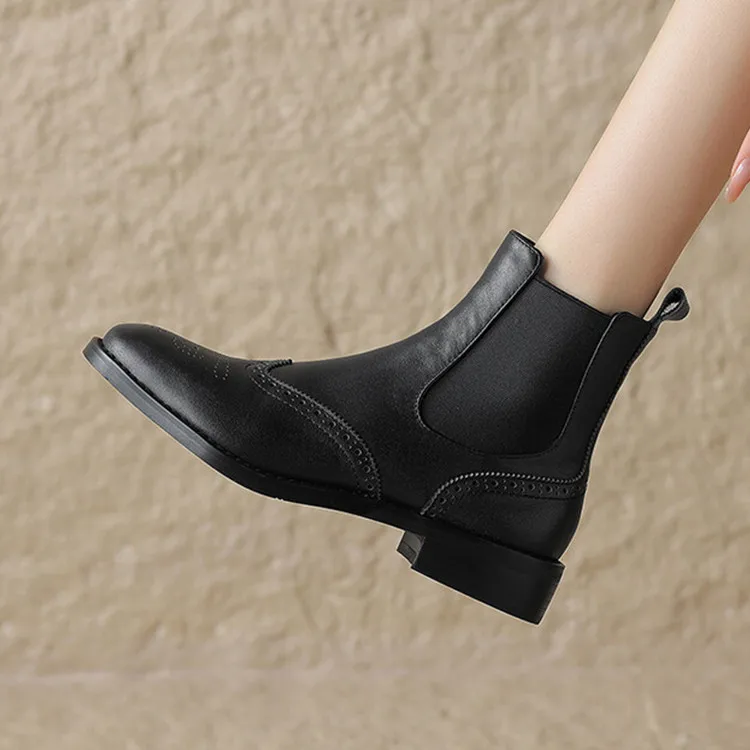 

Black Cow Leather Women Short Chelsea Boots Block Fashion Autumn Ankle Botas Vintage Brown Flats Riding Botines Chaussure Femmes