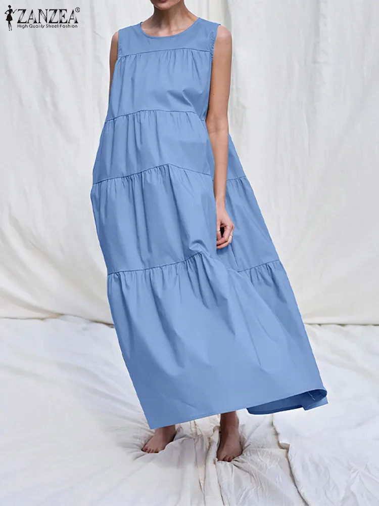 

2022 Summer Solid Sundress Women Casual Sleeveless O Neck Dress ZANZEA Vintage Ruffle Vestidos Oversized Beach Kaftan Club Robe