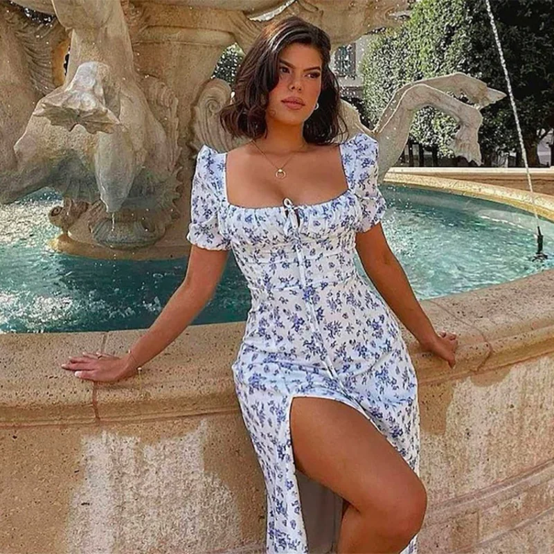 

2022 New Summer Square Neck Bubble Sleeve Long Skirt French Floral Dress Holiday Tea Break Fishbone Large Hemline Dress Women