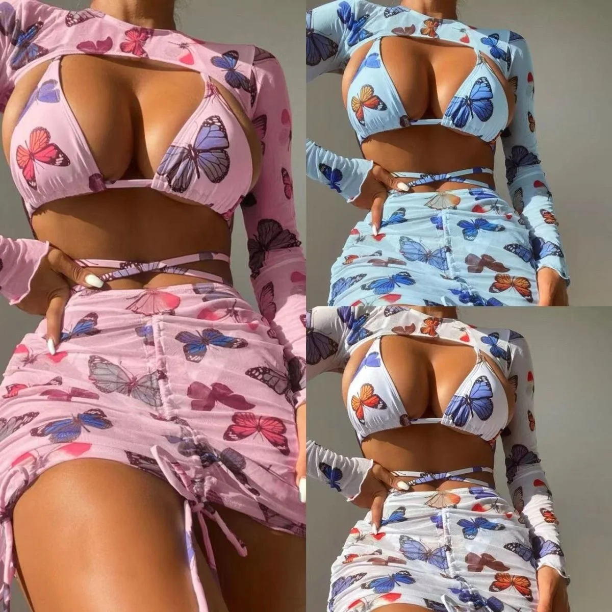 

2023 New Butterfly Print Drawstring Strap Sexy Four Piece Swimwear Bikini Best Friend