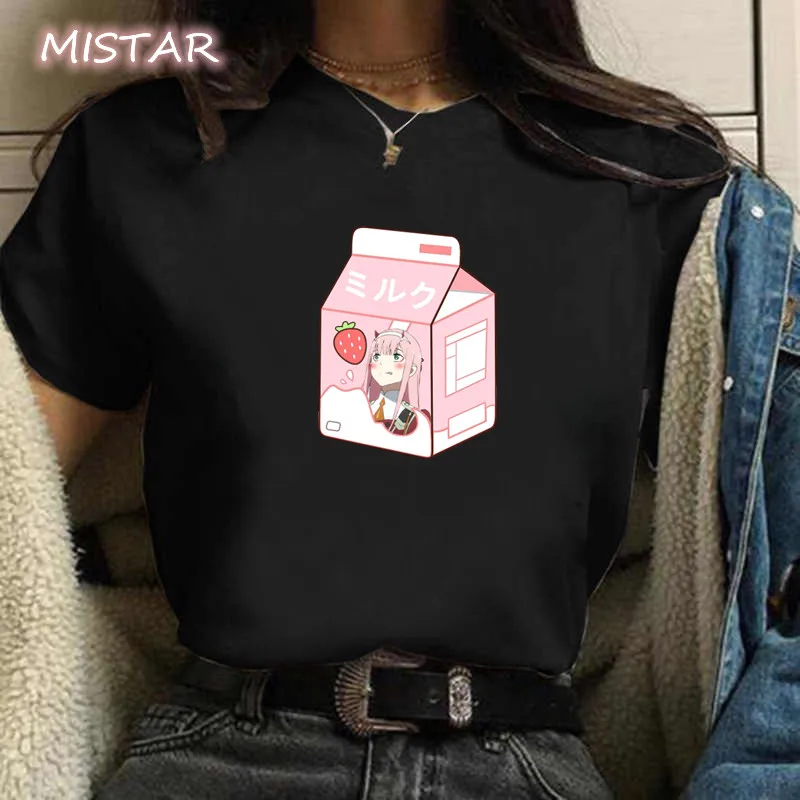 

Футболка женская молочная с графическим принтом, милая рубашка с японским аниме Zero Two манга, в эстетике готика, уличная одежда для девушек
