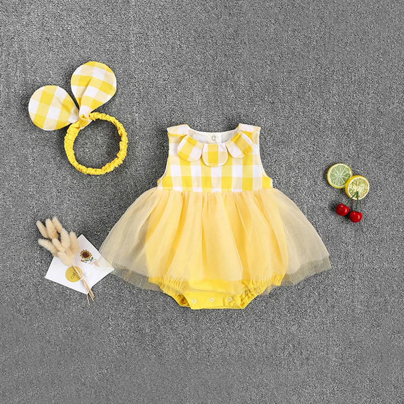 

Summer Girl Baby Lace Rompers Jumpsuit DressClothing Flower Headwear , Infant Toddlers Fashion Princess Body Suits 0-2age